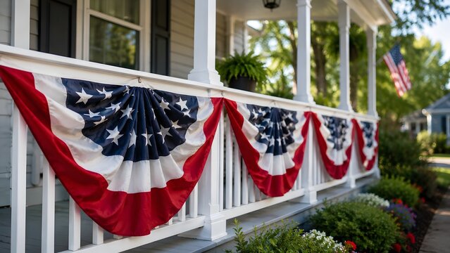 Patriotic American flag bunting on a white porch railing, Fourth of July decorations for a suburban home, red white and blue festive holiday decor