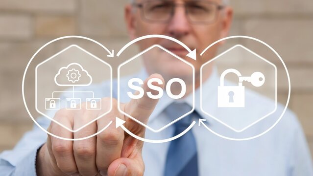 Businessman pressing button sso single sign on in cloud network security interface