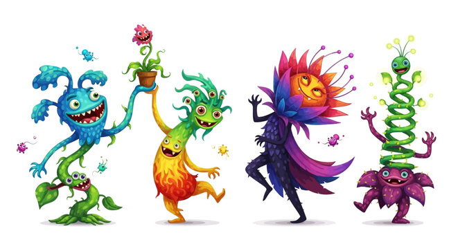 colorful cartoon monsters dancing playfully together.