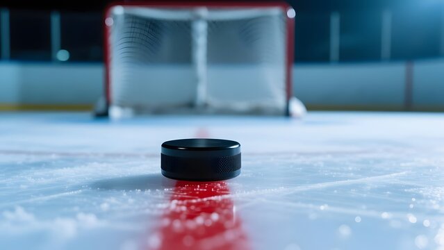 Ice hockey puck on red line in empty arena, professional hockey rink with goal net background, cinematic winter sports competition concept