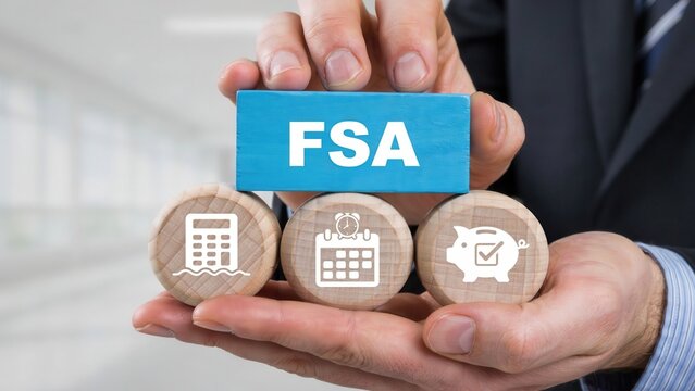 A business person holding a blue wooden block with the text fsa and three wooden circles with icons of a calculator, calendar, and piggy bank