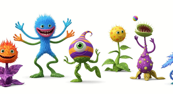 Colorful cartoon monsters and plants illustration.