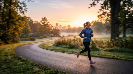 Fototapeta premium Woman running on park path at sunrise with city skyline in background and motion blur effect