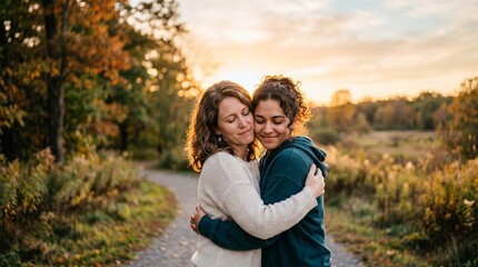 Fototapeta premium Mother and daughter embracing warmly during a beautiful autumn sunset in a park with colorful trees and golden light