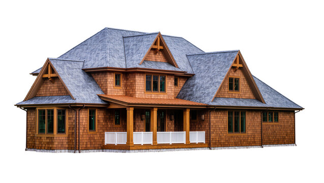 Large wooden shingle house with gray roof and white porch railing