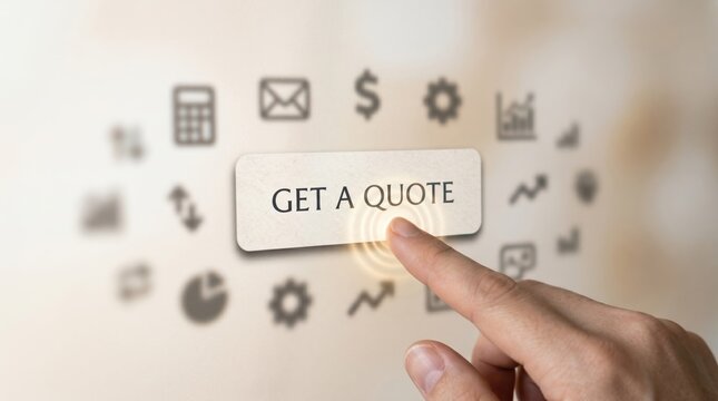 Business, finance, get a quote button, hand interacting with icons ticket templates set illustration mockup blank icons