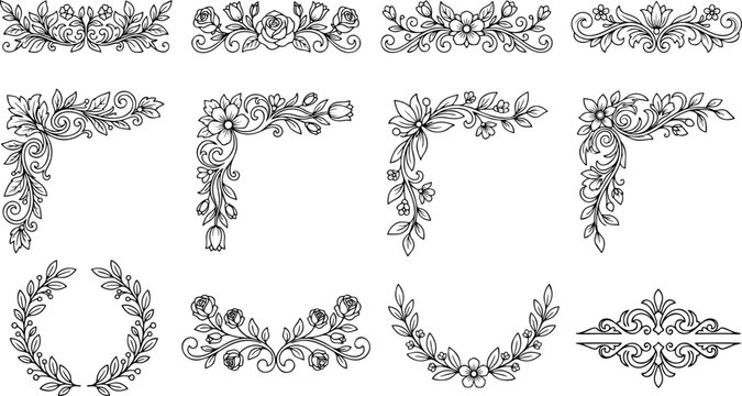 Elegant Floral Dividers and Corner Ornaments Vector Set