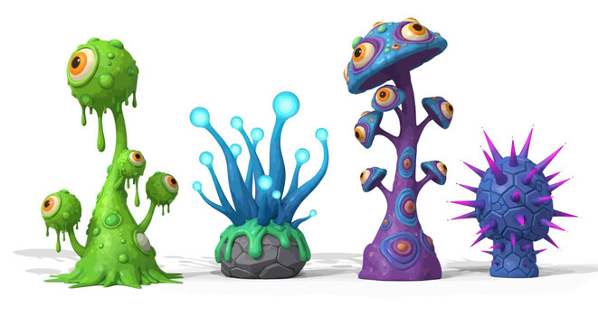 Colorful cartoon fantasy creatures with eyes.