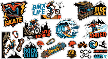 Extreme Sports Stickers Set: Skate, MTB, Surf, and Climbing © AMBX Project