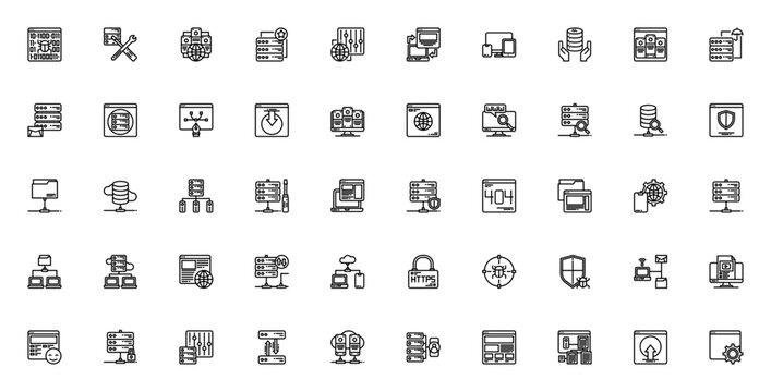 Web hosting icon set. Minimal thin line web icons. Vector illustration. Featuring server, hosting, website, database, domain, cloud, security, virus, maintenance, control panel, browser and more.