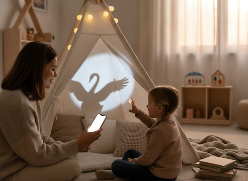 Mother and daughter playing with shadow puppets on a teepee tent in a cozy nursery room