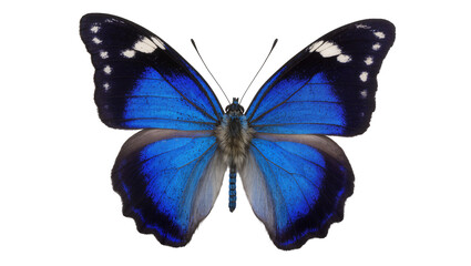 Vibrant blue morpho butterfly with black and white spots © Anneliese