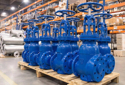 Numerous large blue industrial gate valves with handwheels resting on wooden pallets in a warehouse with tall metal storage racks in background