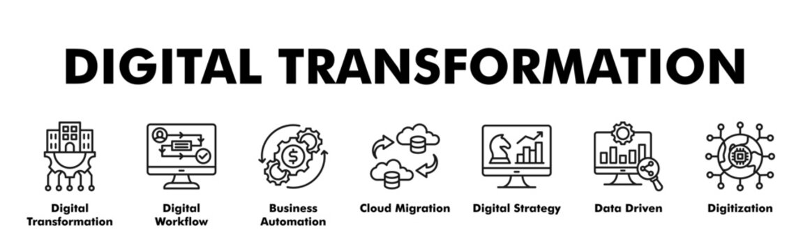 DIGITAL TRANSFORMATION web banner icon vector illustration concept with icon of Digital Transformation, Digital Workflow, Business Automation, Cloud Migration, Digital Strategy, Data Driven, Digitizat