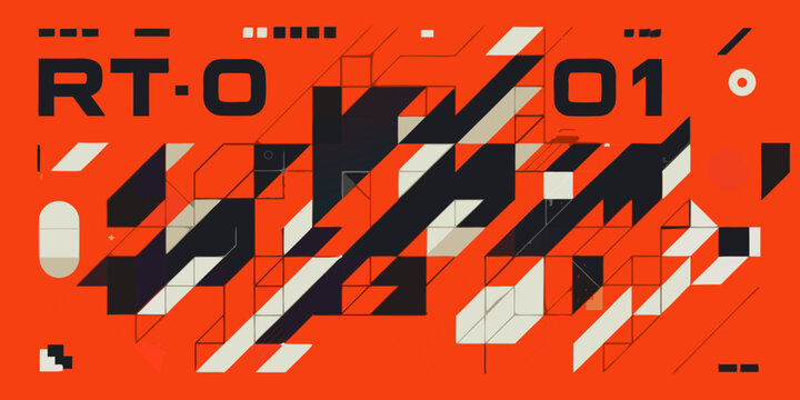 Geometric pattern with bold typography on a bright orange background