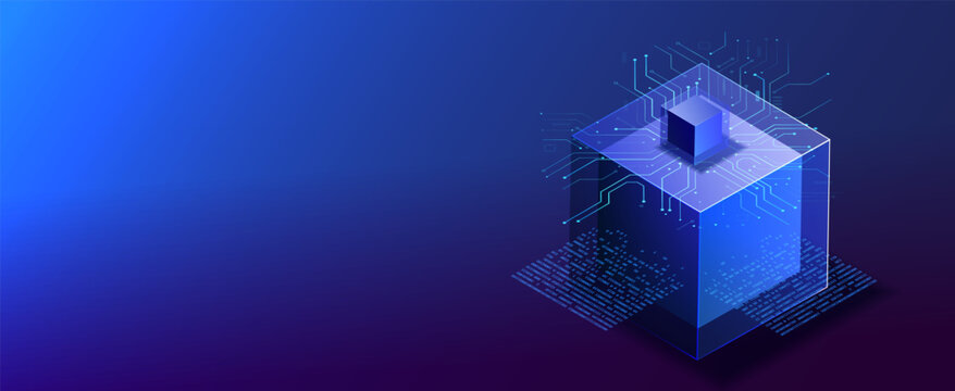 AI isometric blockchain electronic concept. Blue dark block design. Transparent cube with binary code and circuit big data vector. Ai chain technology banner. Business processing.