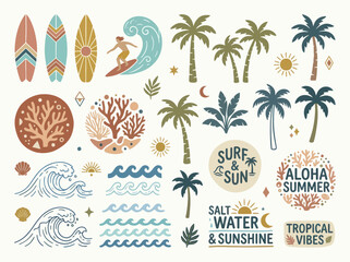 Collection of summer and surf themed illustrations with palm trees, waves, and surfboards. © Mobil
