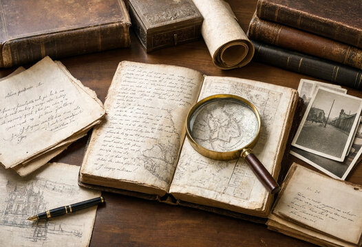 Old vintage books with handwritten notes, magnifying glass, and antique photographs on a wooden table for historical research study
