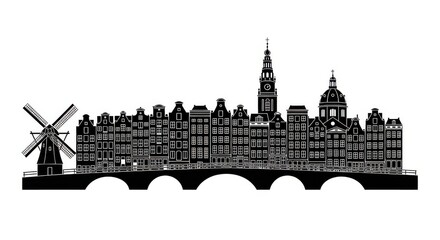 Fototapeta premium Amsterdam City Skyline Silhouette with Traditional Canal Houses Windmill and Bridge Illustration