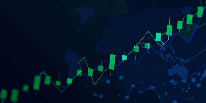 Financial candlestick chart with world map backdrop dark blue vector illustration