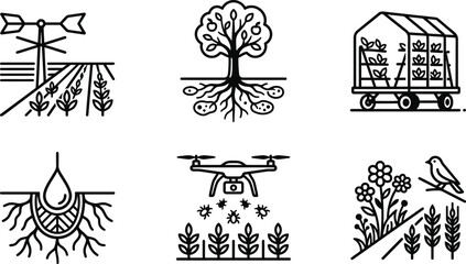 Fototapeta premium Modern smart farming icons set, sustainable agriculture line art vectors, 6 organic gardening and agrotech symbols for eco business