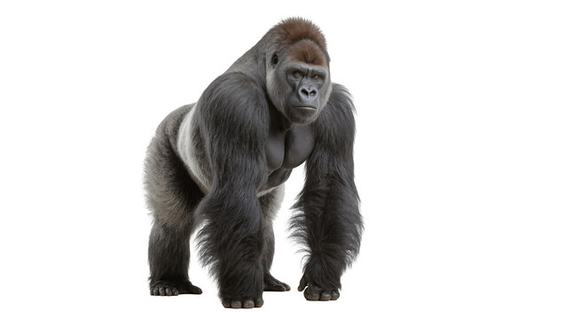Silverback gorilla standing on white