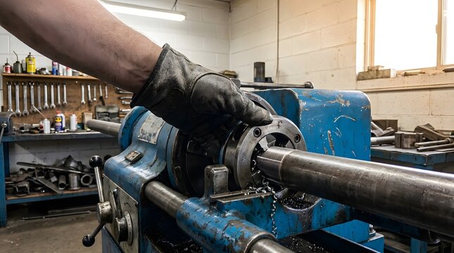 Man working on a metal lathe machine in a workshop