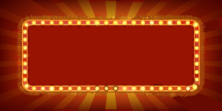 Retro marquee sign frame with glowing yellow lights and radial background