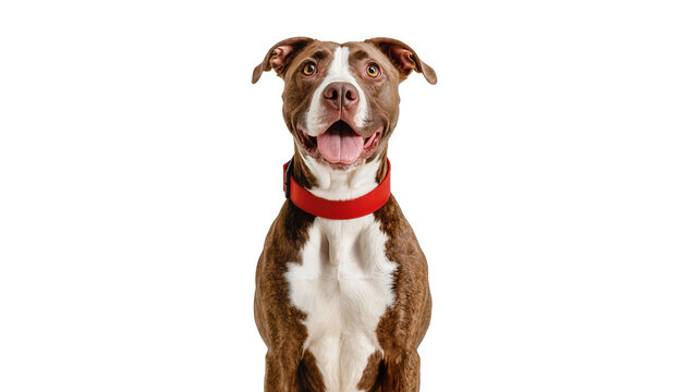 Brown and white pit bull dog wearing red collar looking at camera