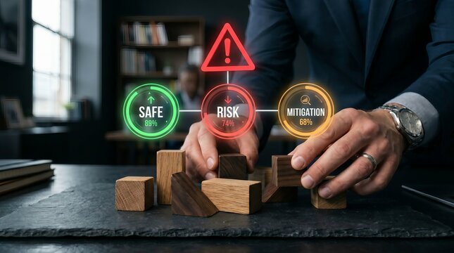 Businessman Managing Business Risk and Mitigation Strategy with Wooden Blocks
