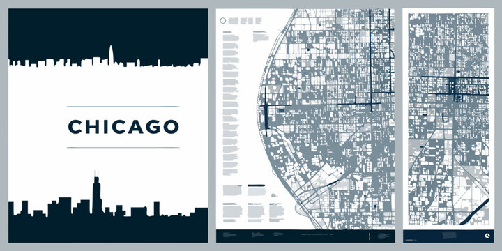 Chicago Skyline And City Map Posters Minimalist Vector Illustration