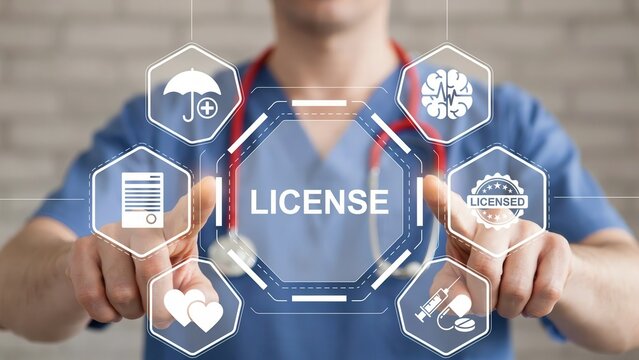 Medical license and professional healthcare certification concept doctor touching virtual interface with medical icons