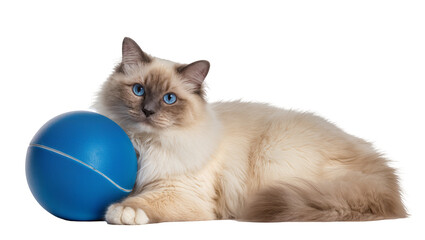 Birman cat with blue eyes resting with a blue ball © Maelle