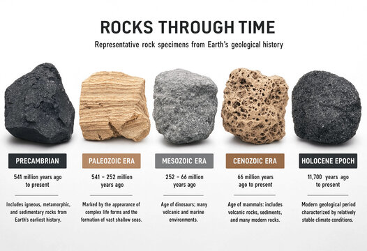 Rocks through time educational display featuring representative specimens from the precambrian, paleozoic, mesozoic, cenozoic, and holocene periods