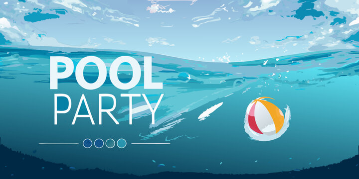 Underwater scene with beach ball vector illustration with blue and white tones