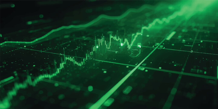 A digital business and medical illustration combining a stock market graph with a technology heartbeat pulse line, merging finance chart data and hospital ECG ekg monitor design