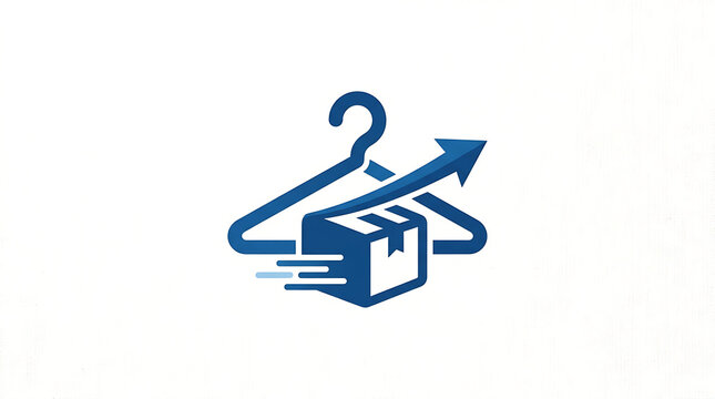 Minimalist Blue Clothes Hanger Logo with Shipping Box and Upward Forward Arrow for Fast Delivery