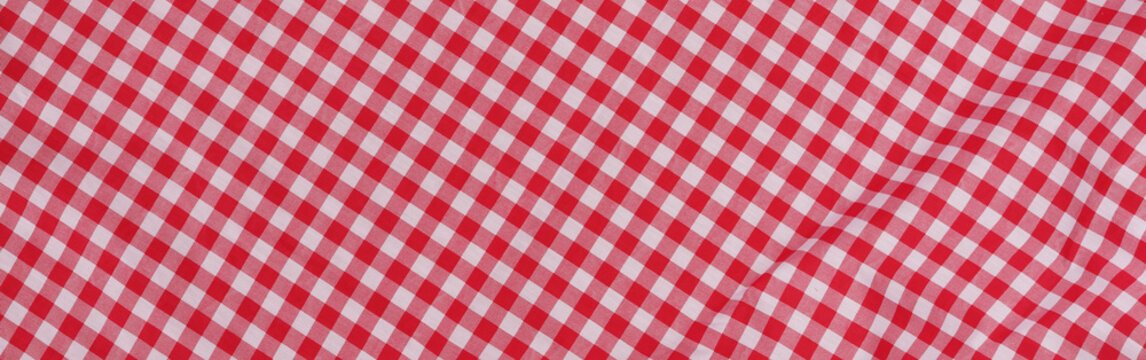 red white plaid tablecloth background. Gingham Fabric Background. 