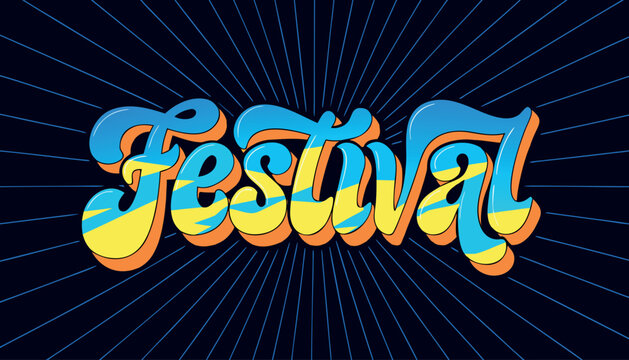 Colorful bubble letter festival typography design with vibrant retro sunburst rays