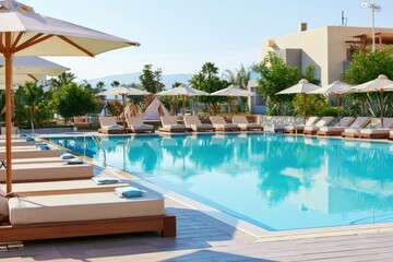 Fototapeta premium Sunny Resort Pool Deck with Vacant Lounge Chairs