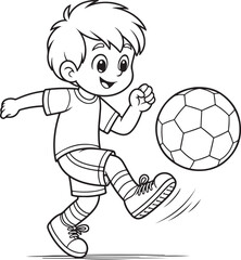 Obraz premium Cute Cartoon Boy Playing Soccer Football Line Art Vector Illustration for Coloring Page