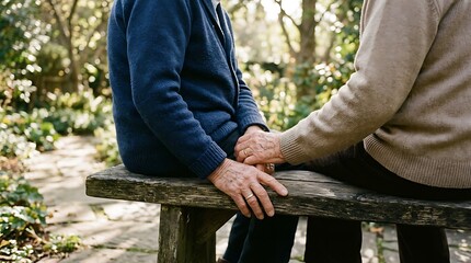 Fototapeta premium A loving elderly couple holding hands on a park bench, representing companionship and enduring affection
