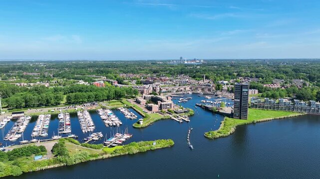 Modern harbor and city skyline beside a large lake in Europe