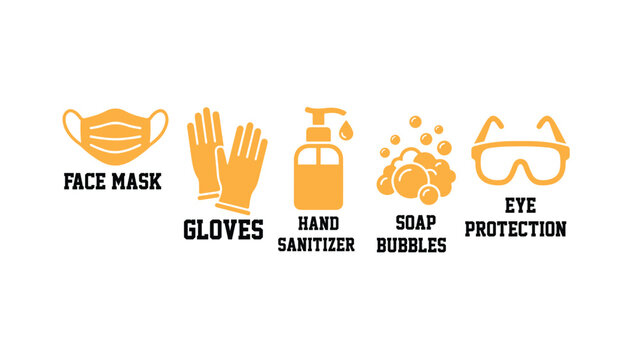 Health safety icons set displaying orange face mask gloves hand sanitizer soap bubbles and eye protection for hygiene and medical protection precaution.