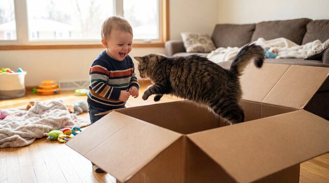 Toddler laughs as fluffy cat jumps into cardboard box inside living room showing playful pets childhood surprise home fun family moments candid domestic humor joyful playtime energy