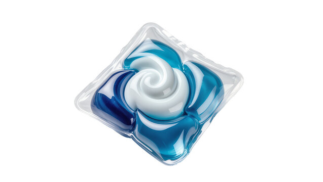Blue and white swirl laundry detergent pod in clear plastic packaging