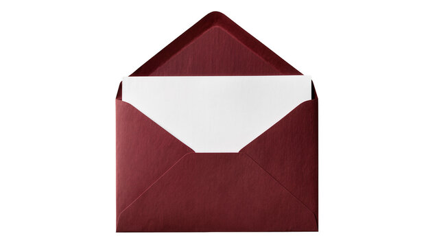 Open burgundy envelope with white paper insert