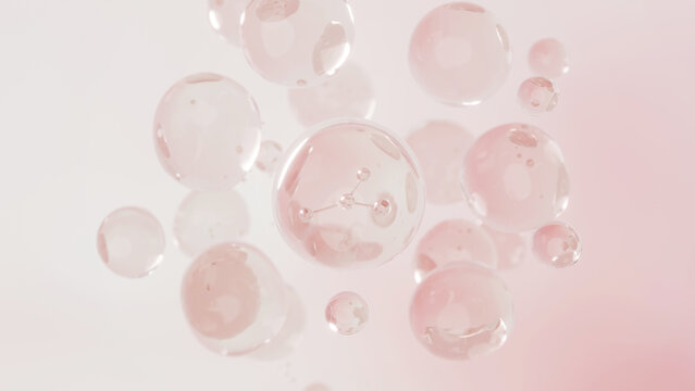 Pink bubble sphere cell molecule liquid transparent skincare cosmetic, floating soft round droplet pattern on pale background