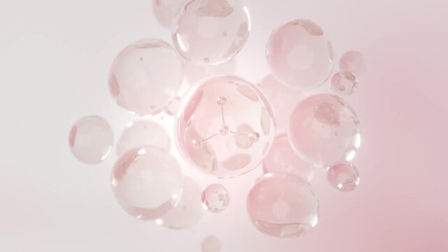 Pink collagen molecule inside liquid bubble spheres, skincare serum concept, beauty and cosmetic background, 3D rendering animation