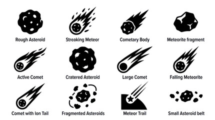 Asteroids comets and meteors astronomical body icon set © Alip